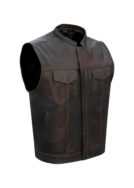 Men's Brown 1/2" Collar Leather Motorcycle Club Vest
