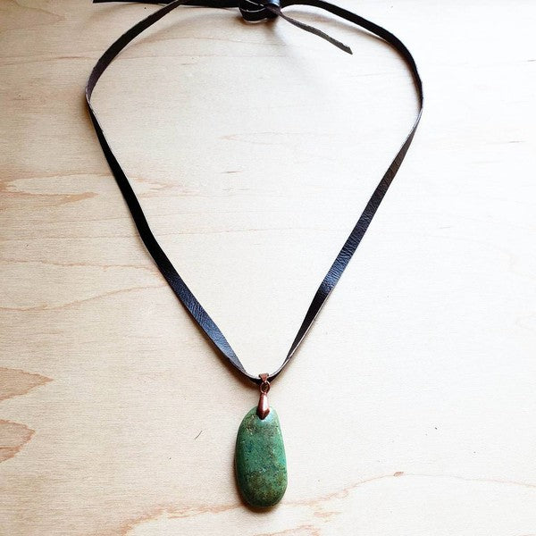 Leather Necklace with Turquoise Pendant-Brown