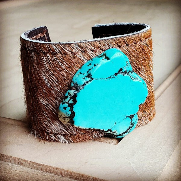 Cuff w/ Leather Tie-Tan Hide and Turquoise Slab
