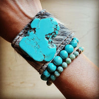 Leather cuff gray hair on hide w/ turquoise stone