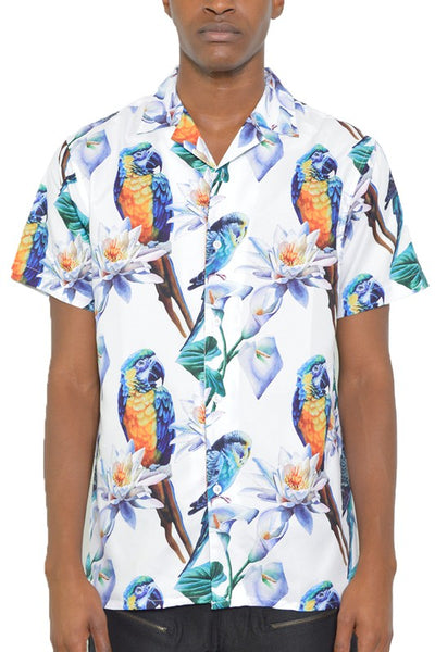 MENS TUCAN PARROT PRINT RESORT BUTTON DOWN SHIRT