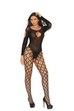 Elegant Moments Opaque And Cargo Net Bodystocking With Keyhole Front, Cold Shoulder Long Sleeves And An Open Crotch