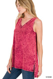 Mineral Wash Sleeveless V-Neck Top With Side Slit