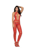 Elegant Moments Opaque And Diamond Net Striped Bodystocking With Open Crotch