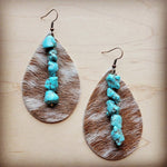 Teardrop Tan White Hair Hide Earring w/ Turquoise