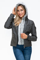 YMI Faux Layered Double-Zipper Jacket with Fuzzy Hood