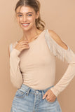 Cold Shoulder Rhinestone Fringe Bodysuit