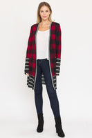 Long Buffalo Plaid Stripe Trim Open Cardigan