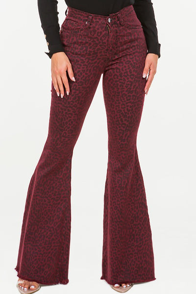 Leopard Print Bell Bottom Jean in Burgundy Made In: USA