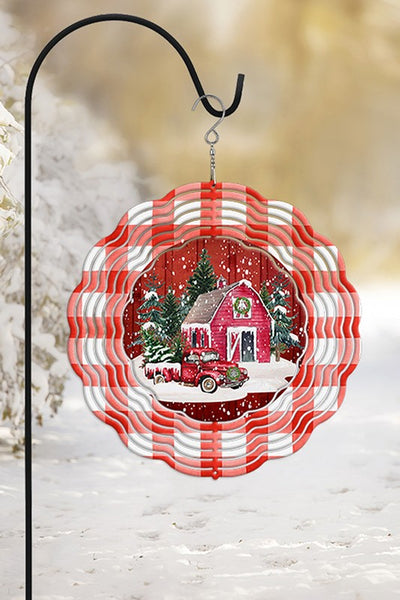 Red Snowy Barn and Truck Christmas Wind Spinner