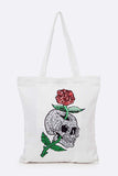 Skull And Rose Large Sequin Patch Canvas Tote