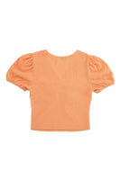 Shirred V neck top with puff sleeves