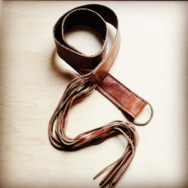 Cognac Leather Belt with Leather Fringe Closure