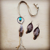 Bone Leather Necklace w/ Blue Turquoise & Feather