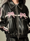 Faux leather bow biker jacket