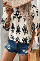 Ethnic Abstract Print Puff Sleeve V Neck Blouse