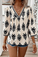 Ethnic Abstract Print Puff Sleeve V Neck Blouse