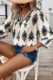 Ethnic Abstract Print Puff Sleeve V Neck Blouse