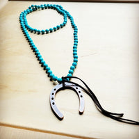 Long Turquoise Beaded Necklace & Copper Horse Shoe