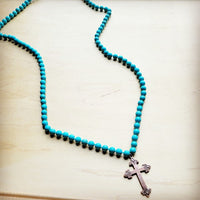 Long Turquoise Beaded Necklace w/ Copper Cross