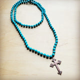 Long Turquoise Beaded Necklace w/ Copper Cross