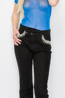 EMBELLISHED HIGH RISE CROSS OVER FLARE JEANS