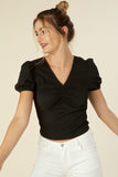 Shirred V neck top with puff sleeves