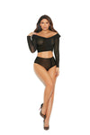 Elegant Moments Off The Shoulder Long Sleeve Mesh Top With Collar, Buttons And Matching High Waisted Panty With Ruched Back