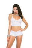 Elegant Moments Stretch Lace Booty Shorts And A Matching Camisole Top Embellished With Satin Bows, Adjustable Straps