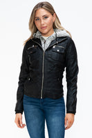 YMI Removable Faux Layered Multi-Pocket Jacket with Fuzzy Hood