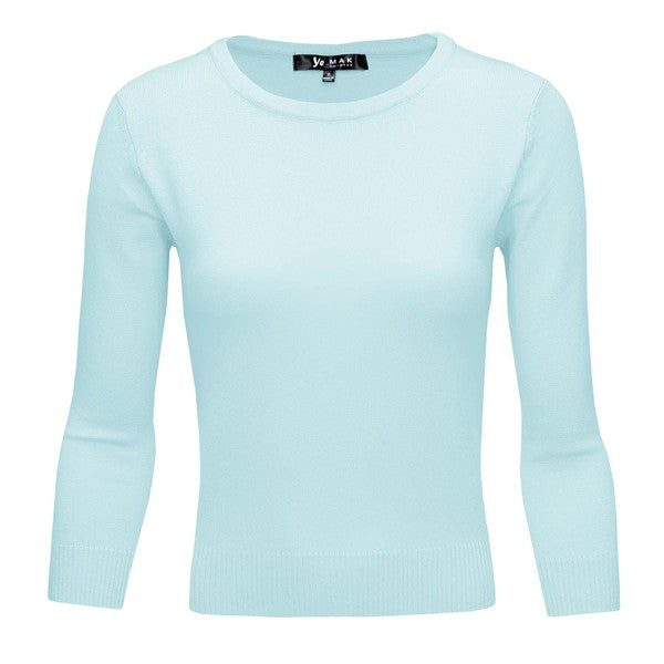 Crewneck 3/4 Sleeve Spandex Pullover Sweater