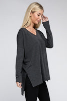 Dolman Long Sleeve V-Neck Side Slit Hi-Low Hem Top