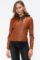 Snobbish Faux Leather Zip Up Drawstring Hooded Jacket