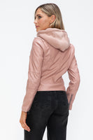 Snobbish Faux Leather Zip Up Drawstring Hooded Jacket