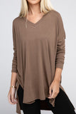 Dolman Long Sleeve V-Neck Side Slit Hi-Low Hem Top