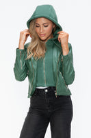 Snobbish Faux Leather Zip Up Drawstring Hooded Jacket