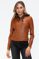 Snobbish Faux Leather Zip Up Drawstring Hooded Jacket