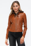 Snobbish Faux Leather Zip Up Drawstring Hooded Jacket