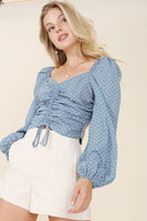 Ruched polka dot crop top with puff sleeves