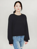 Puff Bell Sleeve Waffle Knit Pullover Sweater Top