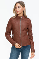 Snobbish PU Leather Biker Jacket with Side Zip Pockets