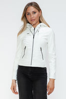 Snobbish Faux Leather Zip Up Drawstring Hooded Jacket