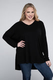 Plus Dolman Sleeve V-Neck Side Slit Hi-Low Hem Top