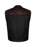 Jimmy Lee Leathers Mens Denim & Leather Motorcycle Club Vest Red Thread Diamond Padding Jimmy Lee Leathers Club Vest