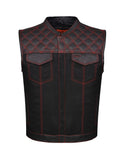 Jimmy Lee Leathers Mens Denim & Leather Motorcycle Club Vest Red Thread Diamond Padding Jimmy Lee Leathers Club Vest