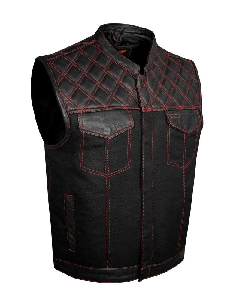 Jimmy Lee Leathers Mens Denim & Leather Motorcycle Club Vest Red Thread ...
