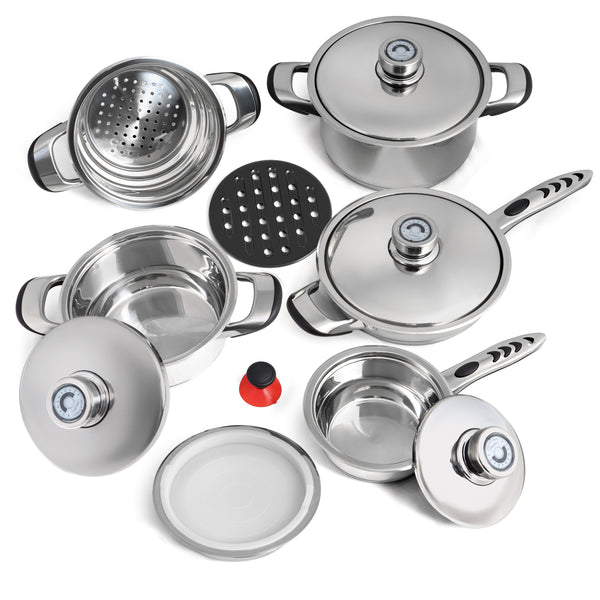 Chef's Secret 9-Ply Waterless Heavy Gauge Cookware Set, Durable Stainless Steel Construction with Thermo Control Top Knobs, 9-Pieces