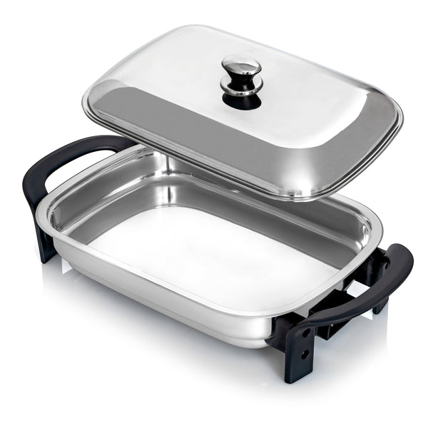 Precise Heat 16-Inch Electric Skillet - Rectangular Stainless Steel Pan with Handles and Lid Cover