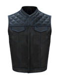 Mens Black Club Vest Diamond Design Blue Thread Premium Cowhide Leather