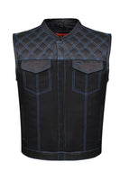 Mens Black Club Vest Diamond Design Blue Thread Leather & Denim